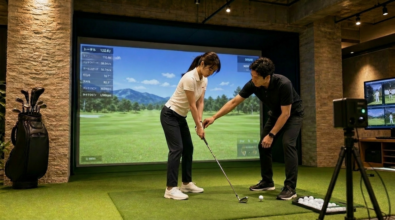 初心者専用ゴルフスクール・AMPGOLF諫早で初心者向けレッスンを受けている様子