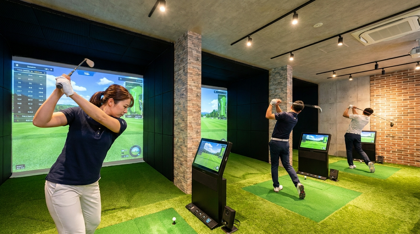 初心者専用ゴルフスクール・AMPGOLF諫早のインドアゴルフレンジで練習している様子